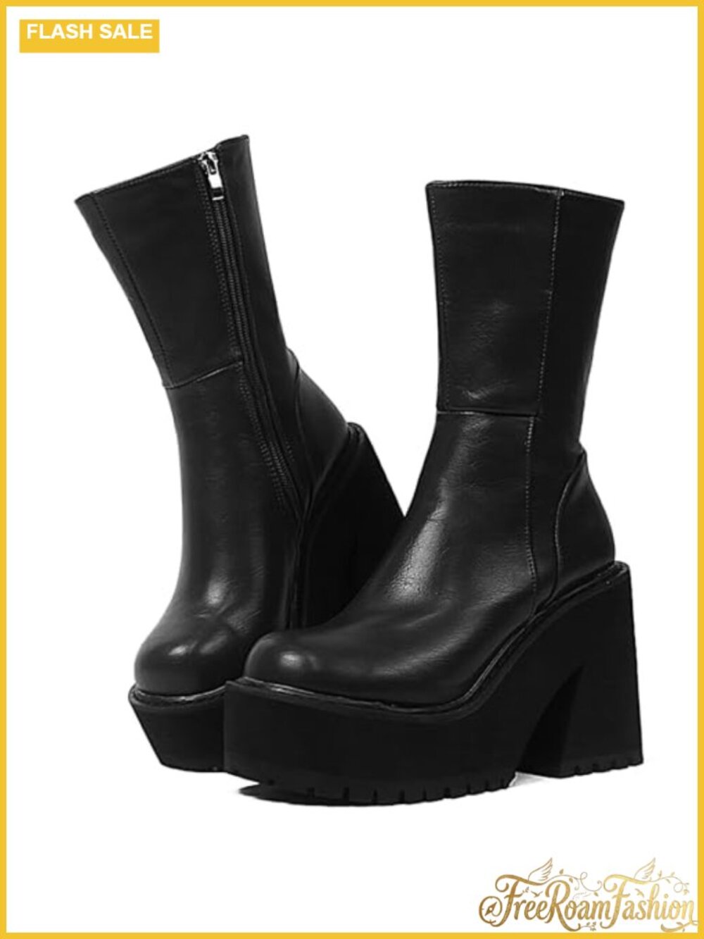 Women's Chunky Block Heel Platform Ankle Boots Faux Leather Zip Up